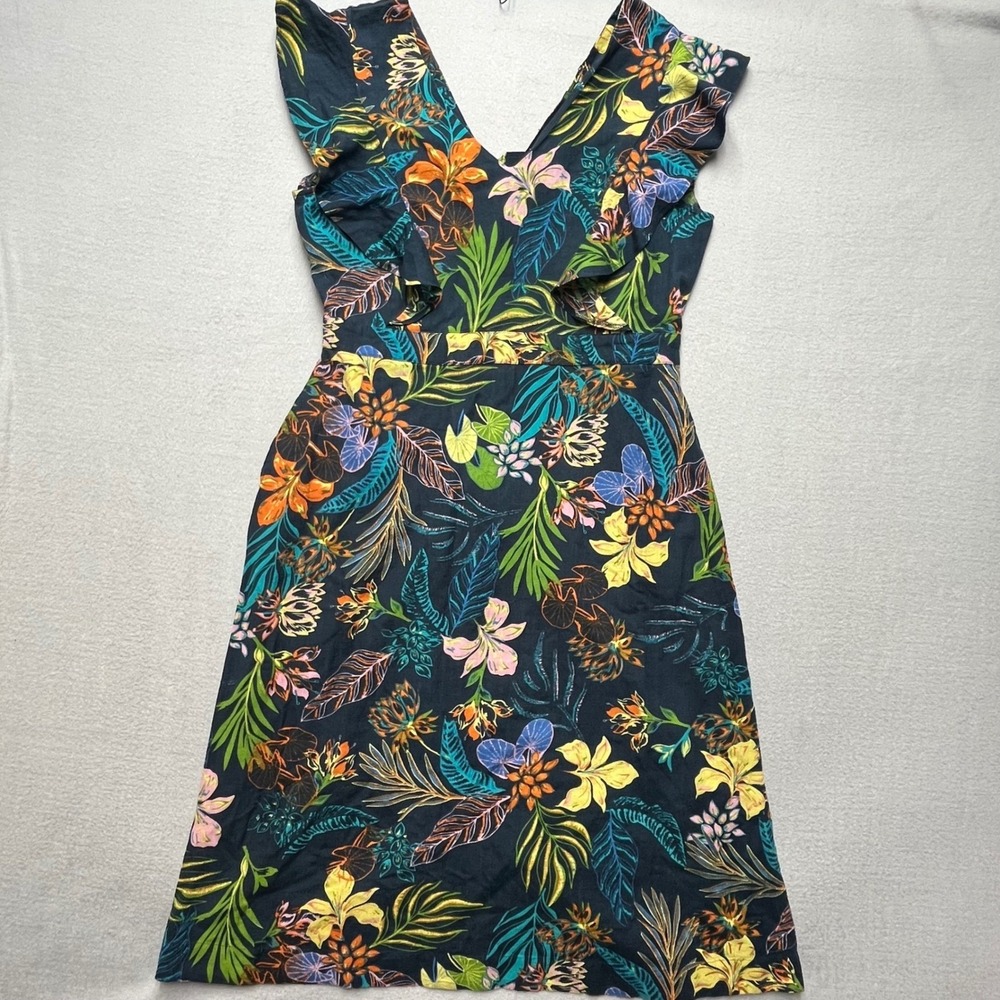 New Tropical Floral‎ Midi Dress Women 16 Linen Blend Ruffle Sleeve V Neck Sumer
